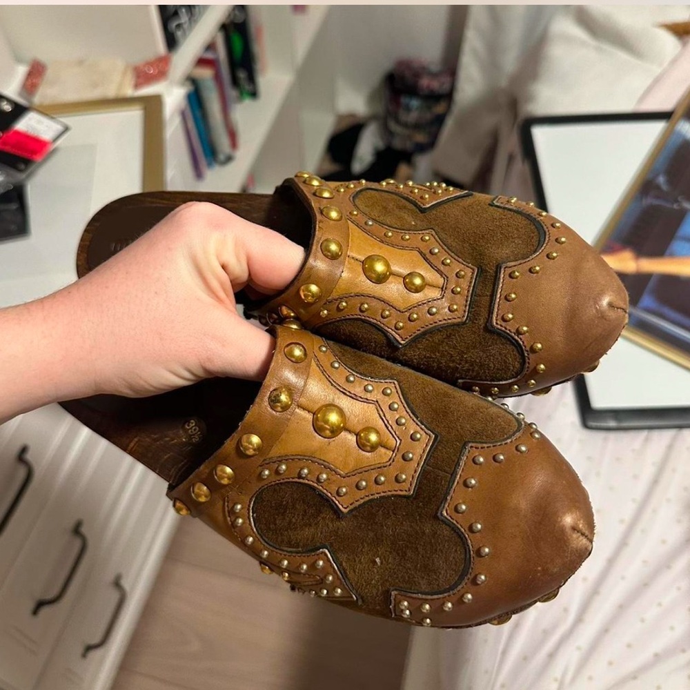 Brown Studded Leather Mules